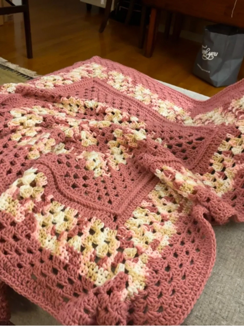 NWT Handcrafted Artisan Oversized Crochet Hexagon Afghan Blanket 86” dusty rose